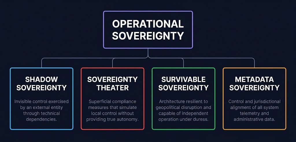 Operational sovereignty framework — shadow sovereignty, sovereignty theater, survivable sovereignty, and metadata sovereignty mapped to control plane dependencies 