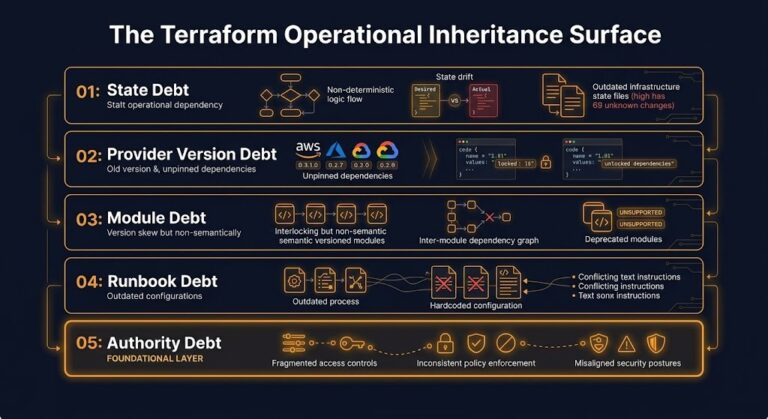 terraform day 2 operations debt — five-layer Terraform Operational Inheritance Surface diagram