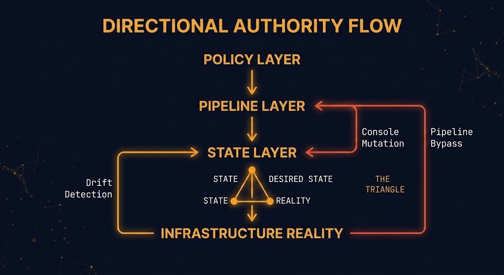terraform iac architecture — directional authority flow from policy to pipeline to state to infrastructure reality with drift arrows