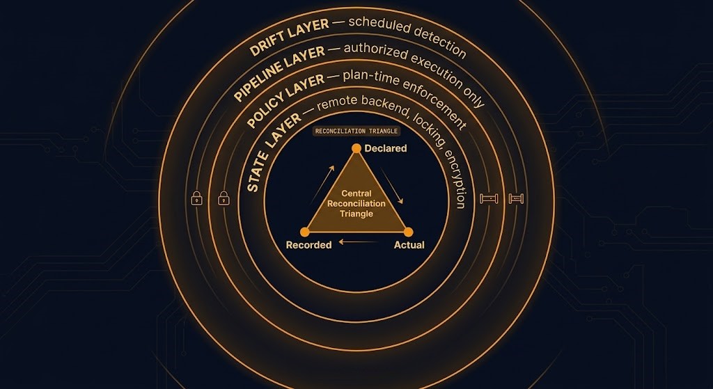 iac control plane model four governance layers — state policy pipeline drift surrounding reconciliation triangle