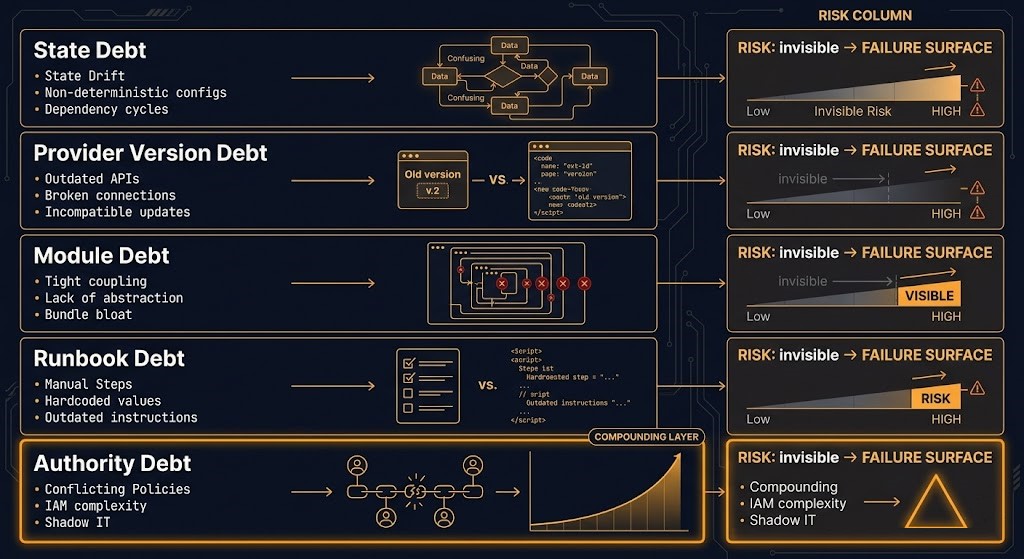 terraform operational inheritance surface — five debt layers showing state provider module runbook and authority debt