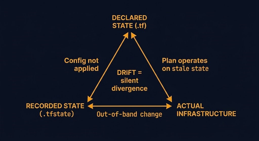 terraform reconciliation triangle — declared state recorded state actual infrastructure divergence model