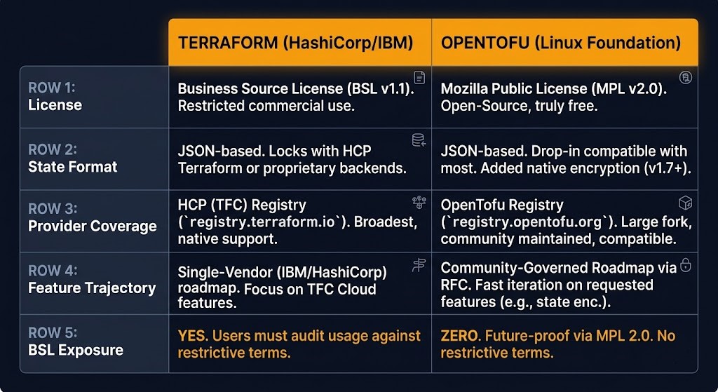 terraform vs opentofu 2026 decision matrix — bsl license state format provider ecosystem feature lag comparison