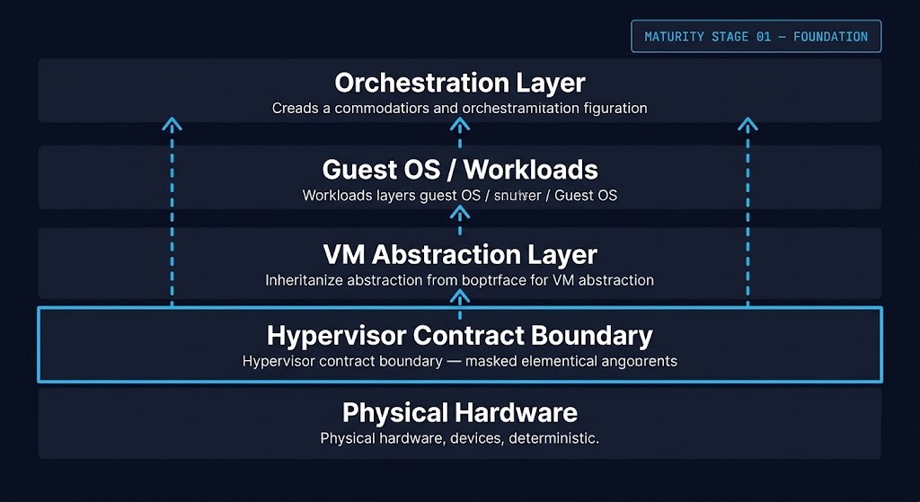 virtualization foundations — hypervisor contract boundary diagram showing abstraction layers from physical hardware to orchestration