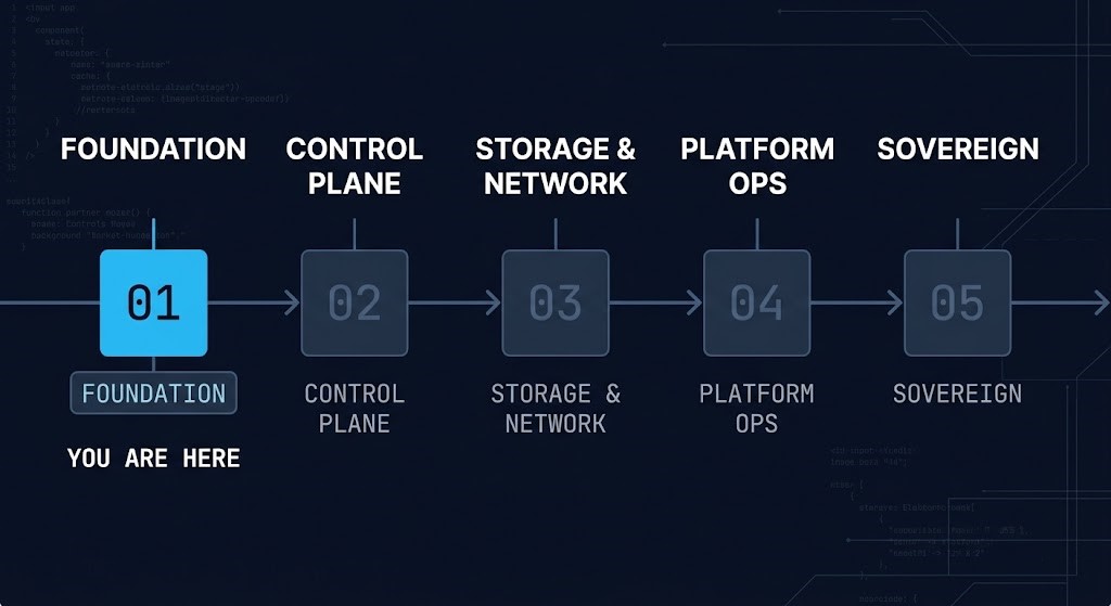 virtualization architecture maturity spine — five stage progression from foundations through sovereign architecture with stage 01 highlighted