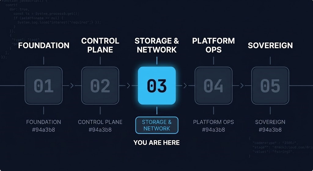 storage and network architecture maturity spine — Stage 3 Operational highlighted