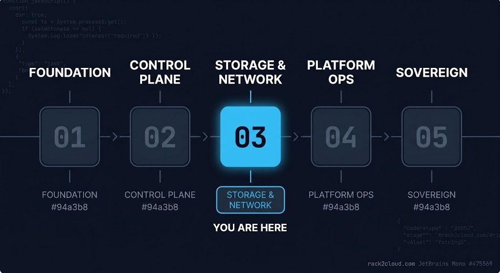 storage and network architecture maturity spine — Stage 3 Operational highlighted
