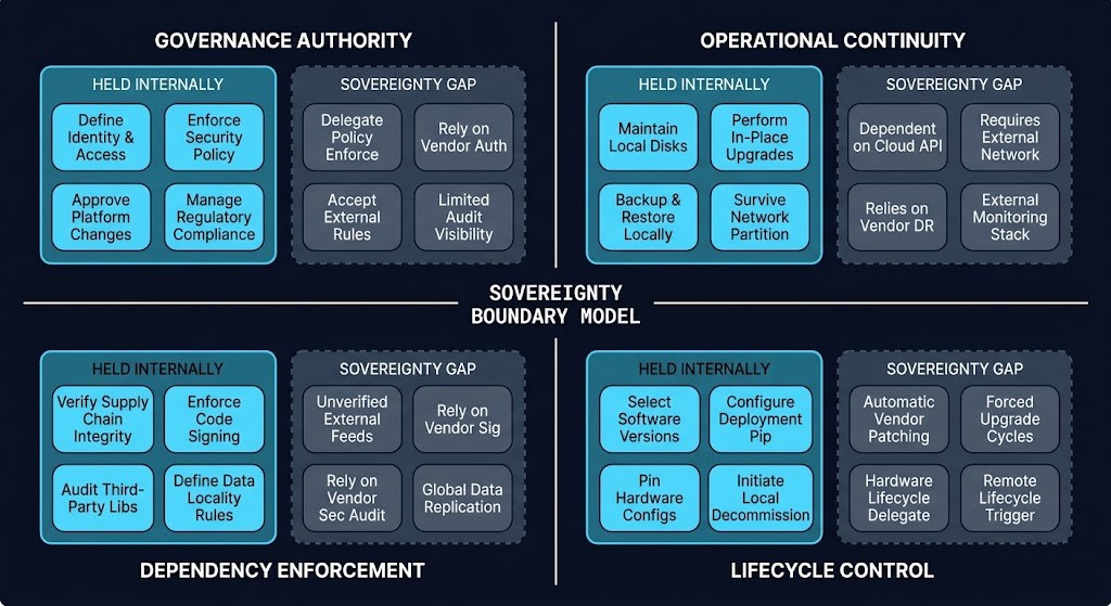 sovereign virtualization architecture sovereignty boundary model — four conditions governance authority lifecycle control dependency enforcement