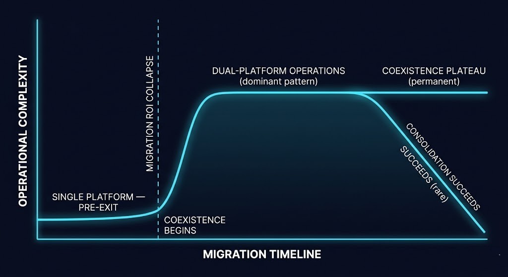 VMware coexistence curve — operational complexity vs migration timeline showing dual-platform peak