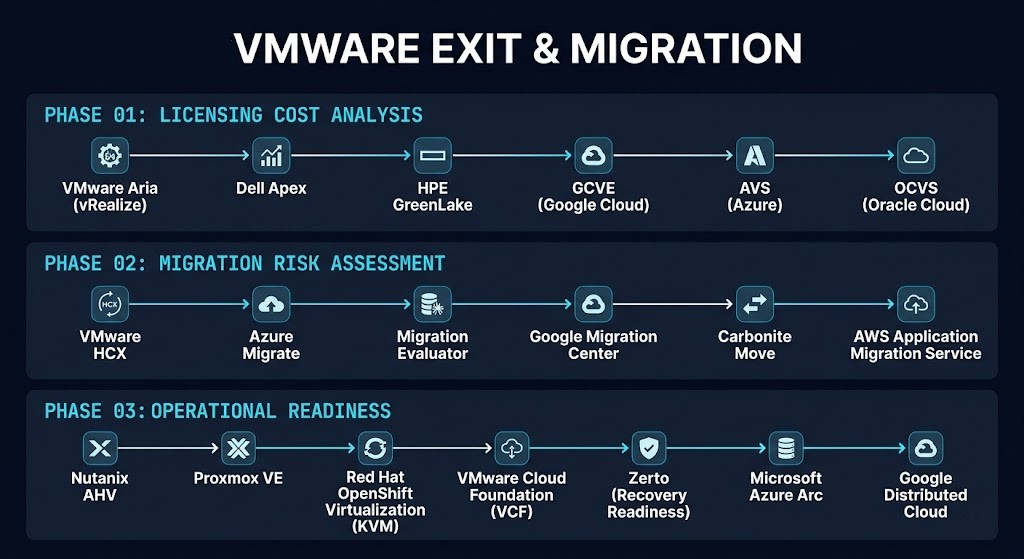 VMware exit — Broadcom licensing cost analysis, HCI migration readiness, and cutover validation tools