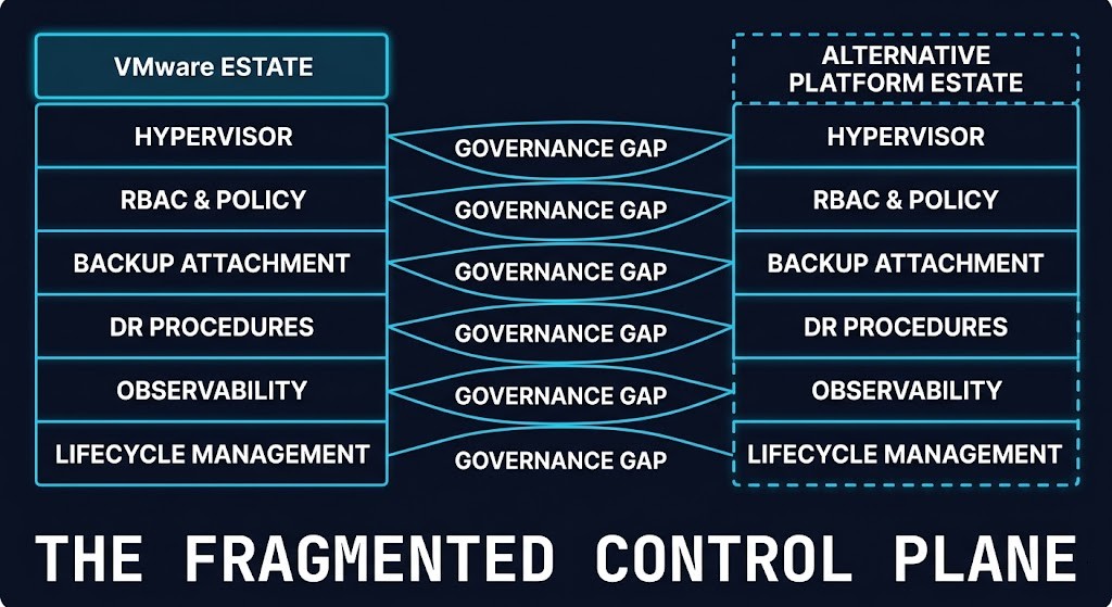 Fragmented control plane diagram — dual-platform virtualization governance divergence