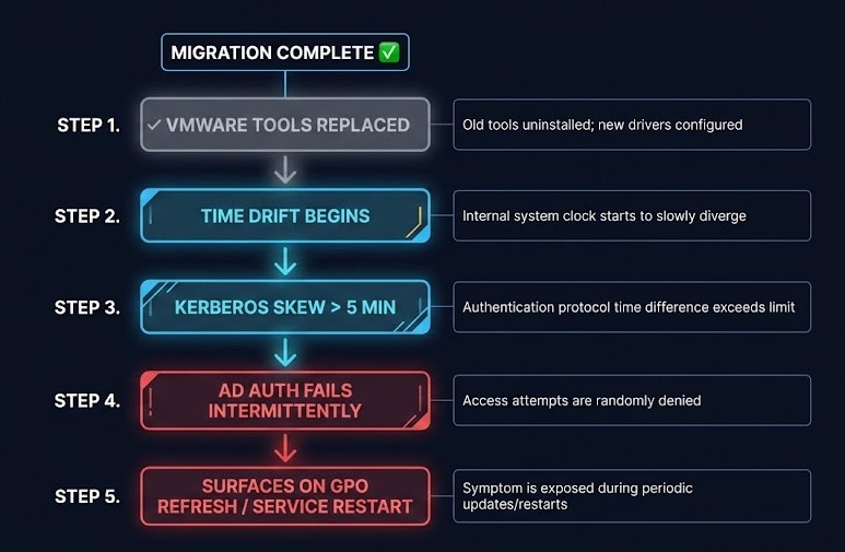 identity continuity gap failure chain — vmware tools time drift kerberos ad authentication failure