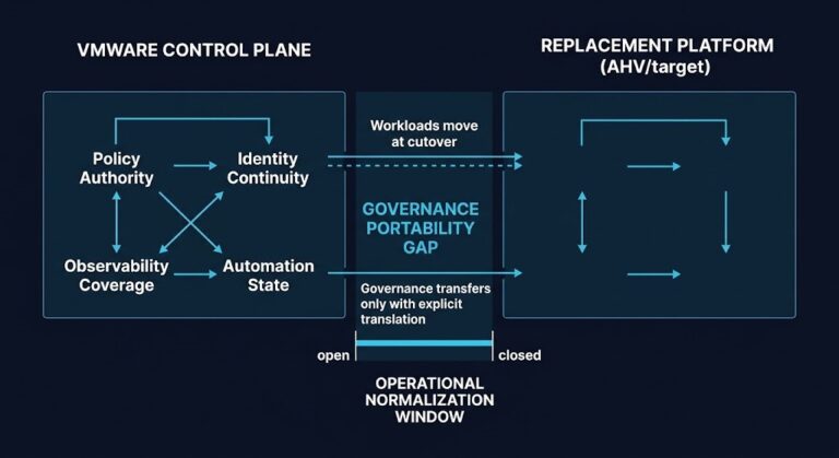 VMware migration strategy — governance portability gap and operational normalization window architecture