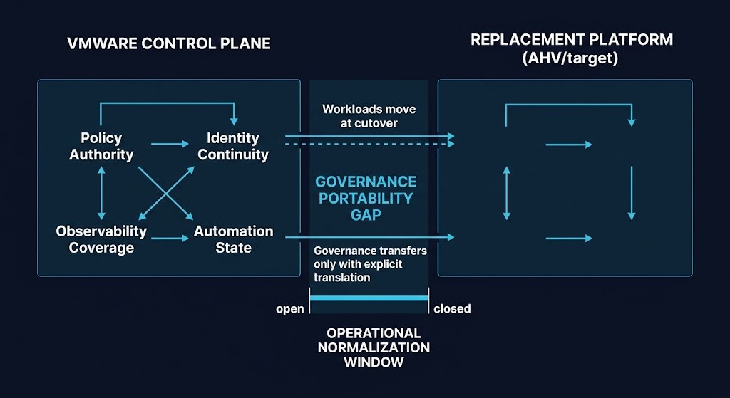 VMware migration strategy — governance portability gap and operational normalization window architecture