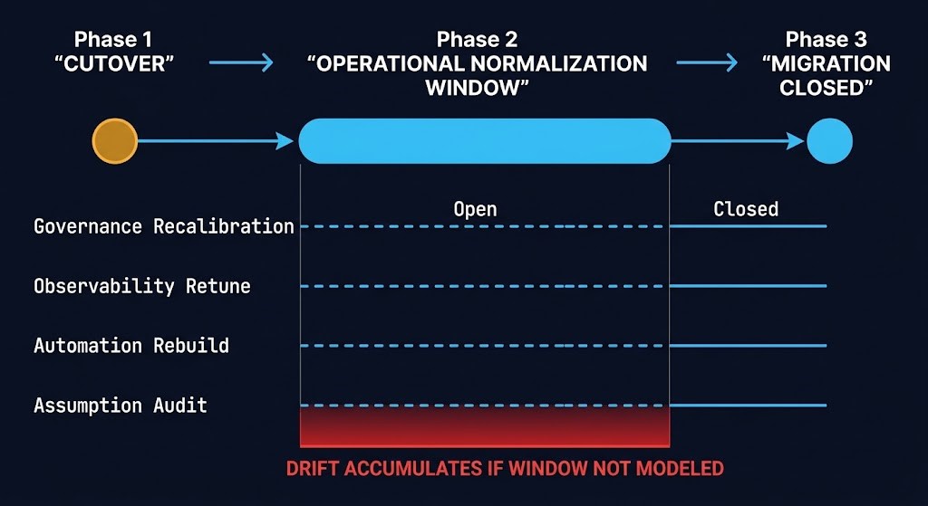 Operational Normalization Window — post-cutover governance recalibration architecture after VMware migration