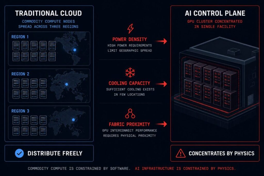AI infrastructure concentration forces — power cooling fabric driving single-region placement