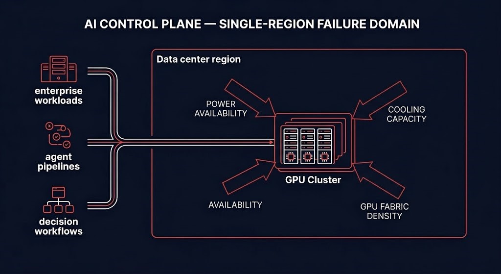 AI control plane architecture single-region failure domain — concentration forces diagram