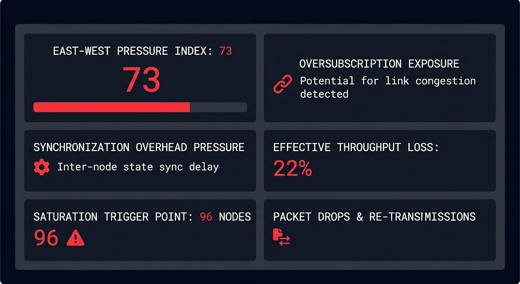 AI Fabric Pressure Analyzer output signals — East-West Pressure Index, throughput loss, saturation trigger point