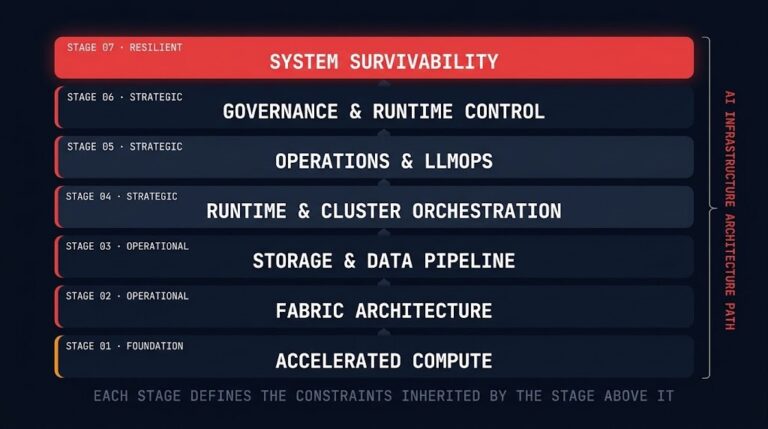 ai infrastructure architecture learning path — distributed ai execution stack showing six maturity stages from accelerated compute to distributed inference survivability
