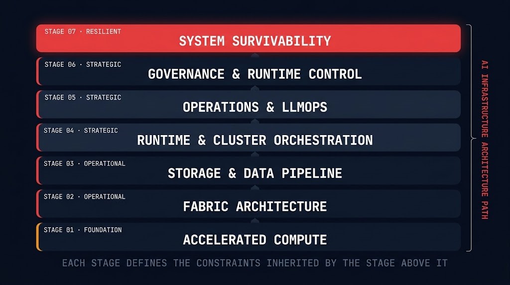 ai infrastructure architecture learning path — distributed ai execution stack showing six maturity stages from accelerated compute to distributed inference survivability