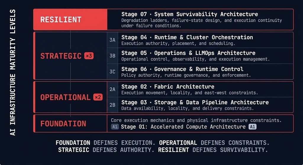 ai infrastructure architecture learning path maturity spine — four levels foundation operational strategic resilient with dual operational and strategic stages