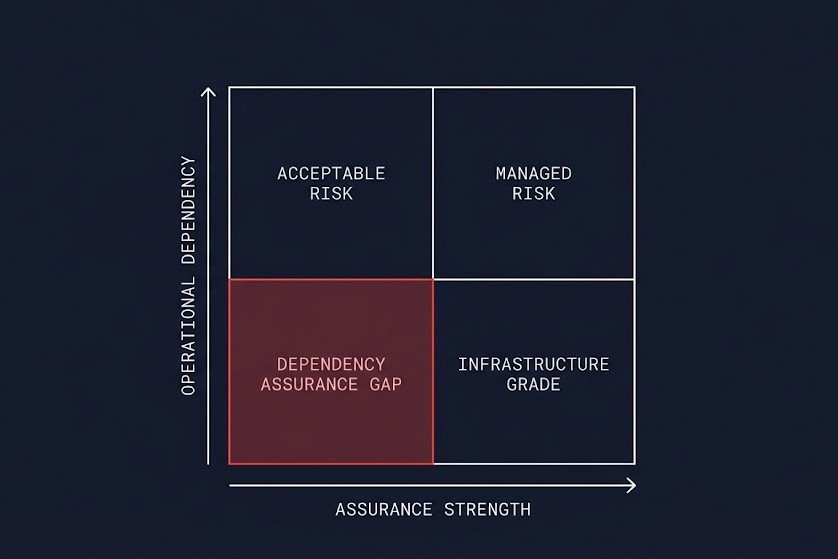 Dependency Assurance Gap 2×2 matrix — high dependency with weak assurance is the danger quadrant