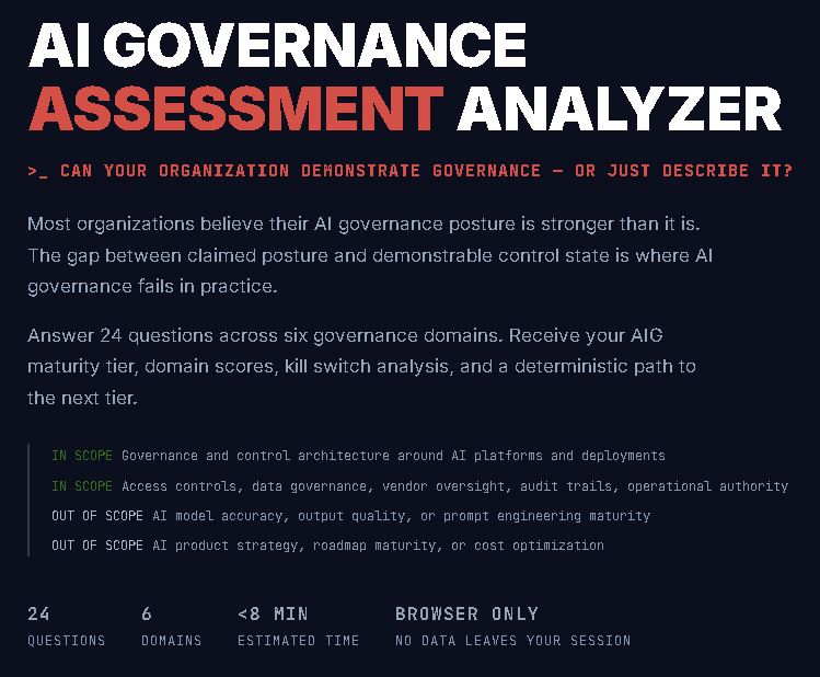 AI Governance Assessment Analyzer input view showing six governance domain question cards with five-point response scale and domain progress indicators