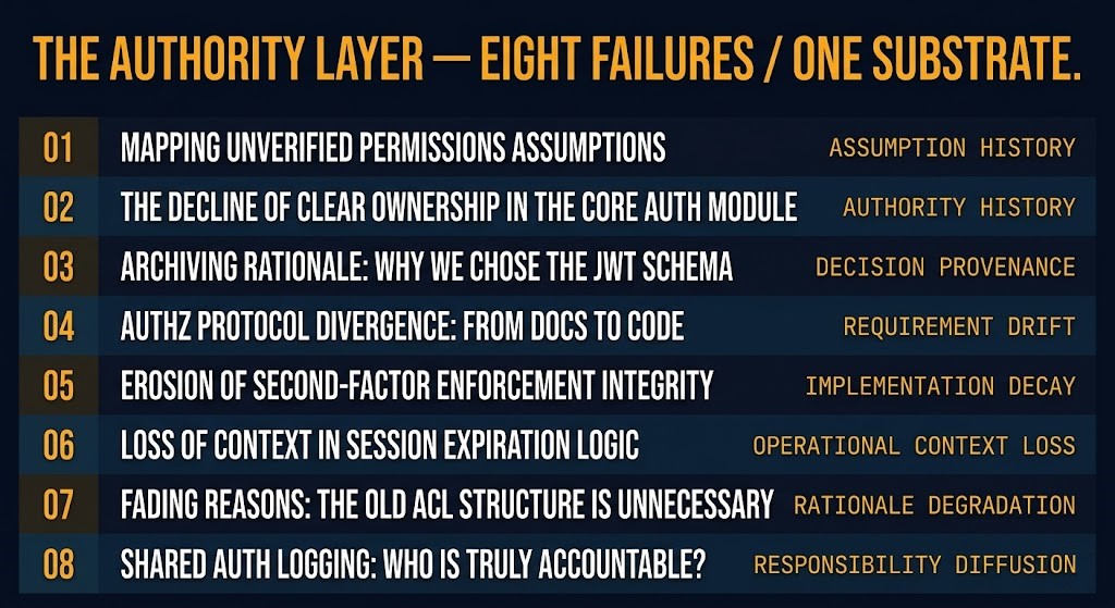 auth layer series eight parts mapped to operational memory failure — decision provenance exception lineage authority history assumption history