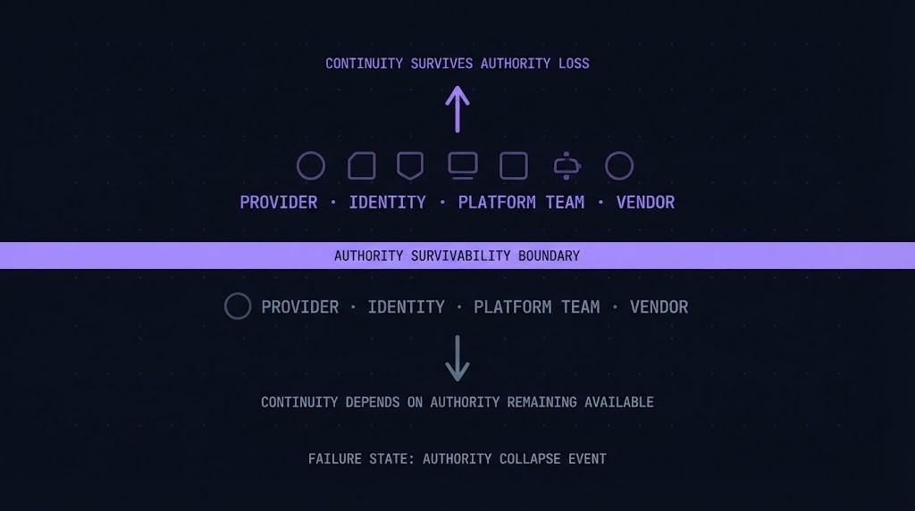 Authority Survivability Boundary framework diagram showing the point at which cloud architecture continues operating after the governing authority becomes unavailable
