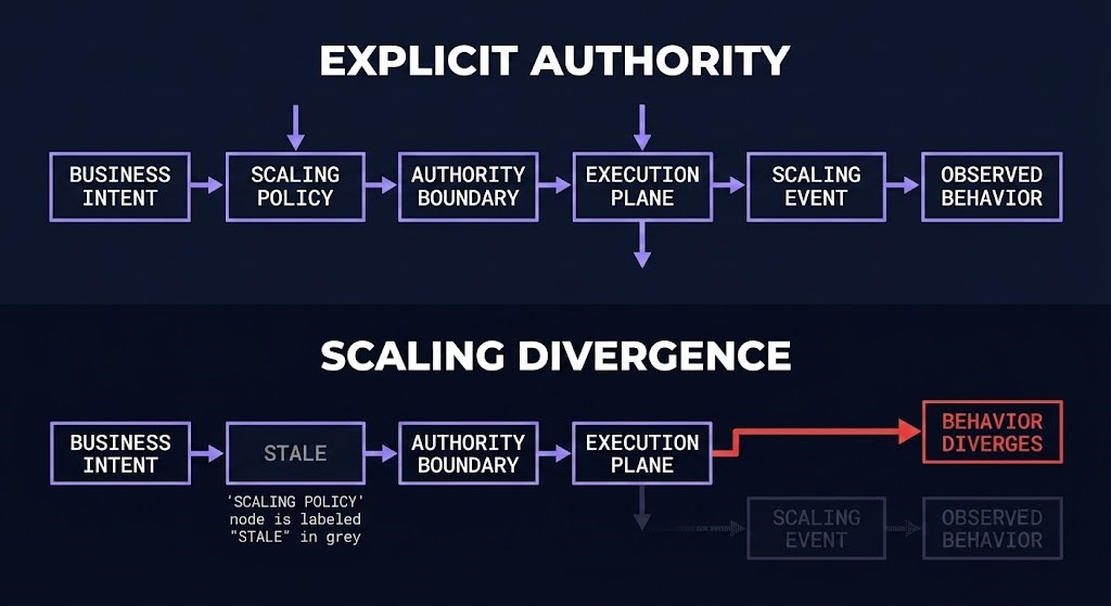 autoscaling authority — two-state flow diagram comparing explicit authority model versus scaling divergence