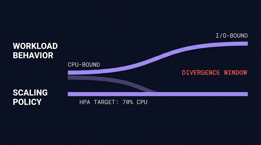 scaling divergence pattern — workload characteristics change while autoscaling authority remains static