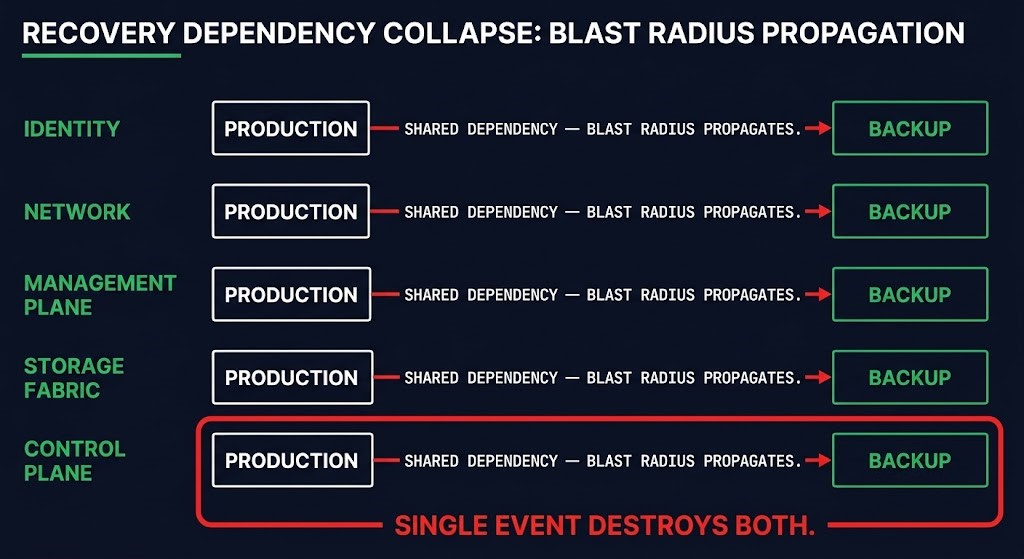 five dependency paths through which backup infrastructure shares the production blast radius