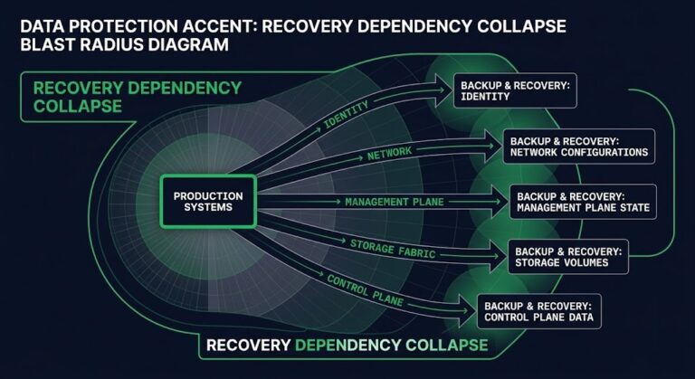 ackup blast radius — production blast radius expanding through five dependency paths to consume recovery infrastructure