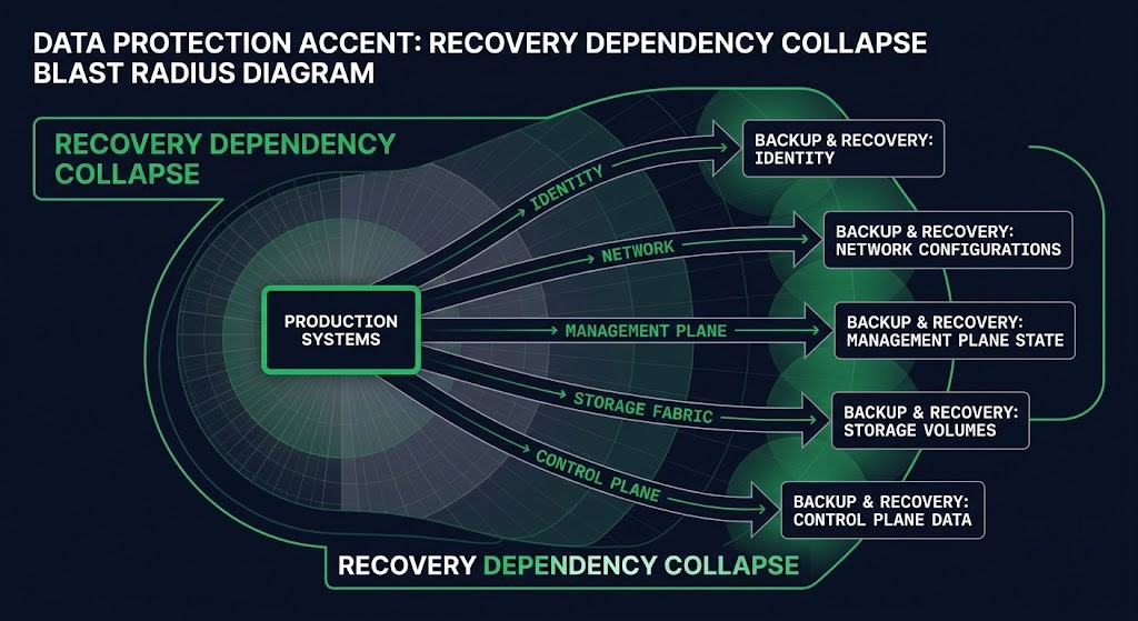 ackup blast radius — production blast radius expanding through five dependency paths to consume recovery infrastructure