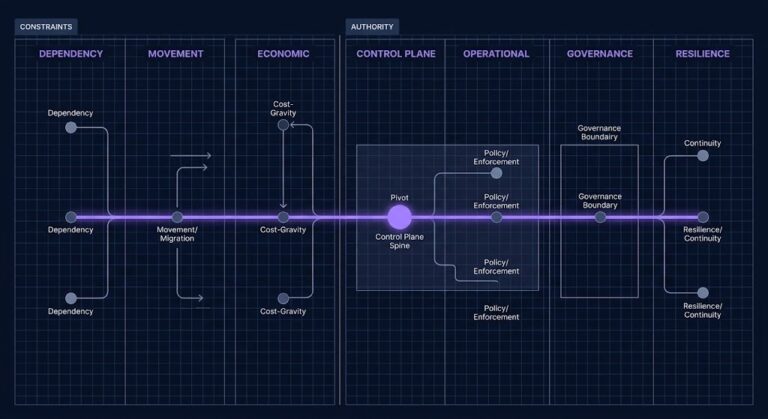 Cloud architecture learning path — seven-stage topology diagram showing dependency, movement, and economic constraint stages connected to control plane, operational, governance, and resilience authority stages via a central control plane spine