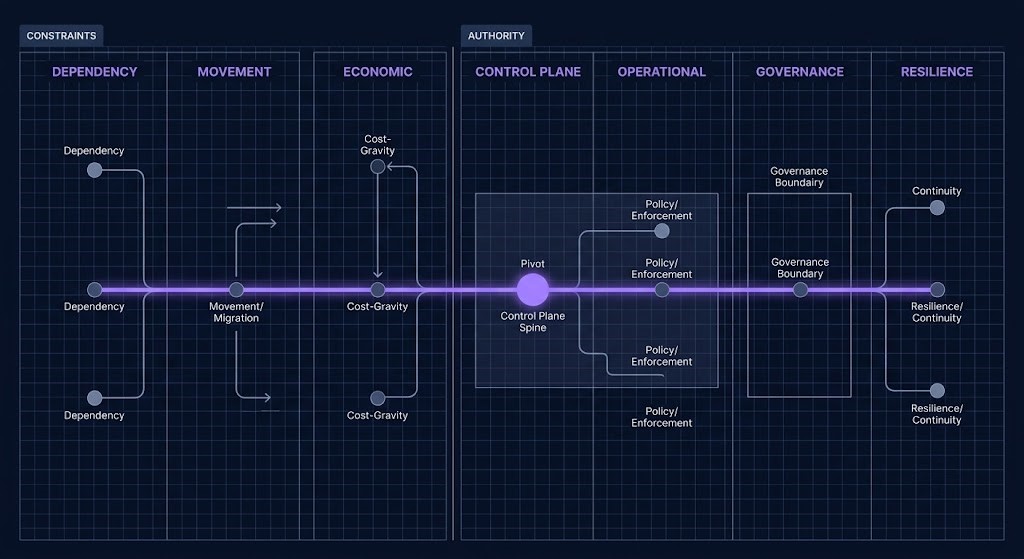 Cloud architecture learning path — seven-stage topology diagram showing dependency, movement, and economic constraint stages connected to control plane, operational, governance, and resilience authority stages via a central control plane spine