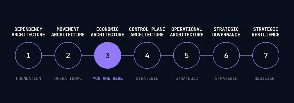 Cloud Architecture Learning Path maturity spine — Economic Architecture highlighted as Operational stage 03 of 07