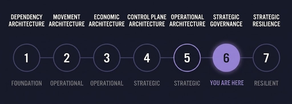 Cloud Architecture Learning Path maturity spine — Strategic Governance highlighted as Strategic stage 06 of 07
