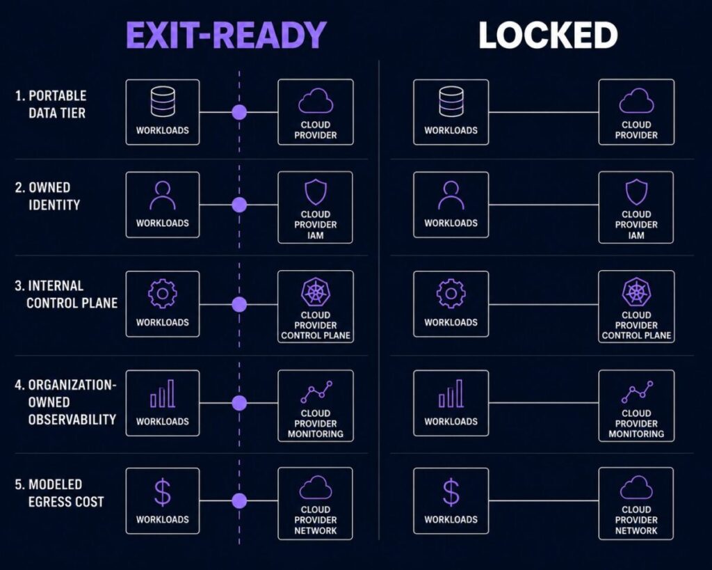 cloud exit strategy — contrast between exit-ready architecture and locked architecture