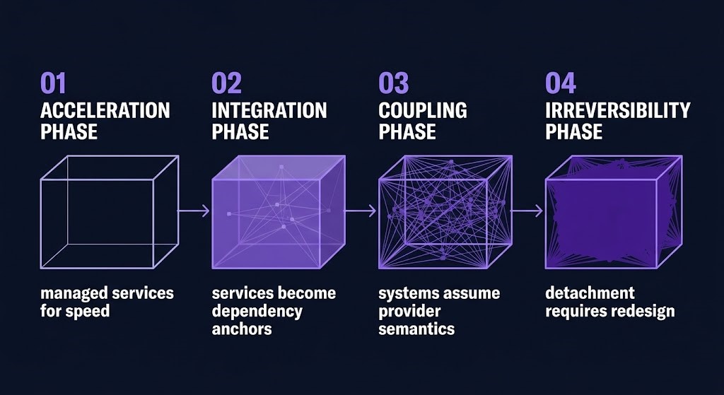 cloud exit strategy — four stages of progressive lock-in from acceleration to irreversibility