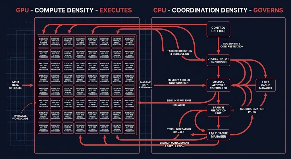 CPU is back in the stack — GPU executes, CPU governs split diagram