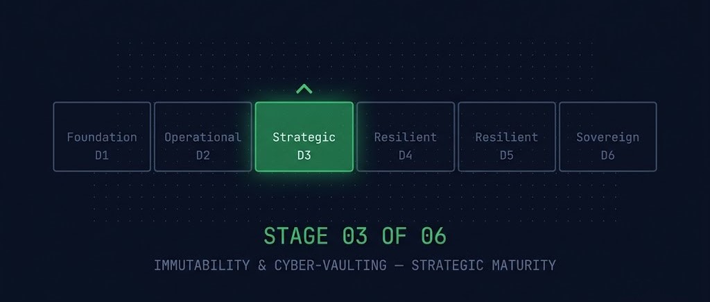 Data Protection & Resiliency Learning Path maturity spine — Immutability & Cyber-Vaulting highlighted as Strategic stage D3 of D6