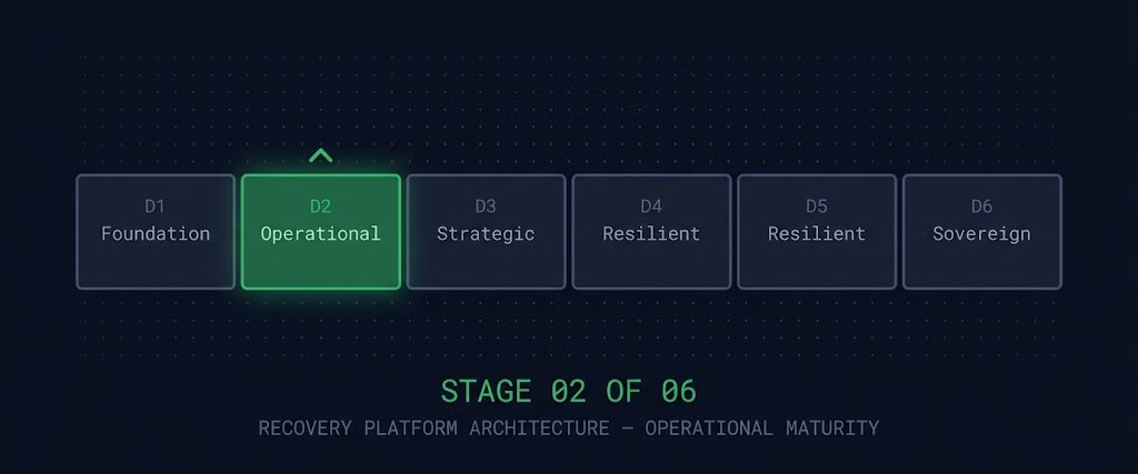 Data Protection & Resiliency Learning Path maturity spine — Recovery Platform Architecture highlighted as Operational stage D2 of D6