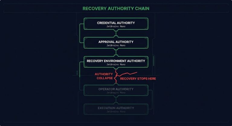 disaster recovery authority — the five-domain authority chain that determines whether recovery can start
