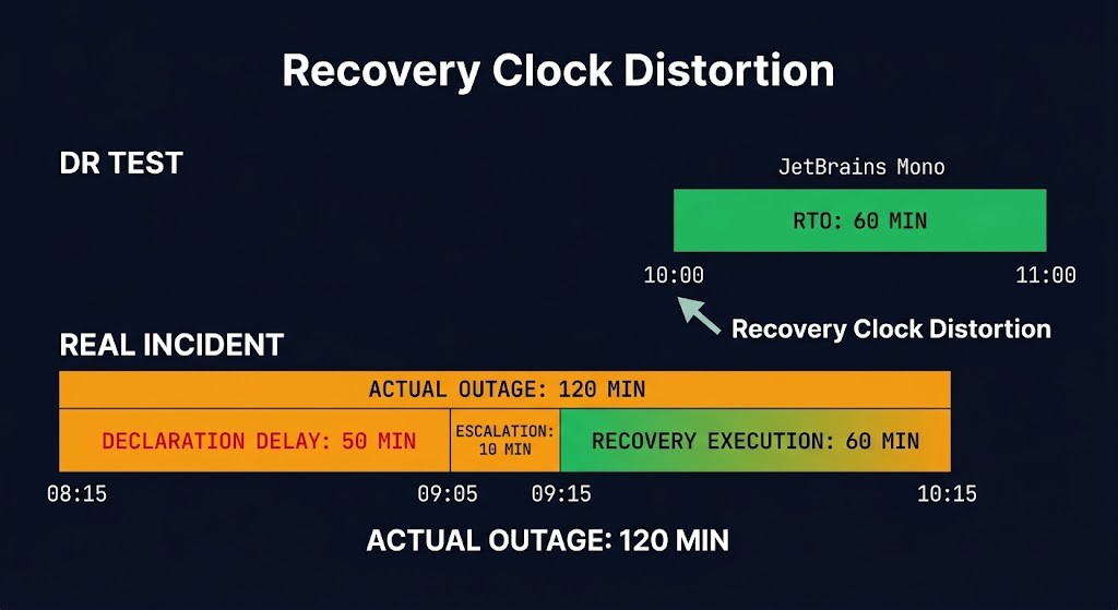 Recovery Clock Distortion — test RTO versus real incident outage timeline comparison