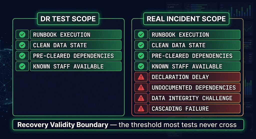disaster recovery testing — Recovery Validity Boundary showing test scope versus real incident scope