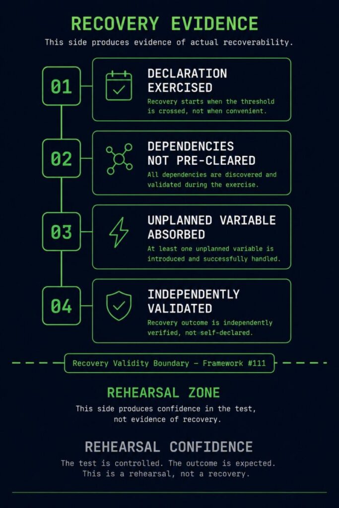 Recovery Validity Boundary framework — four criteria for genuine DR test evidence