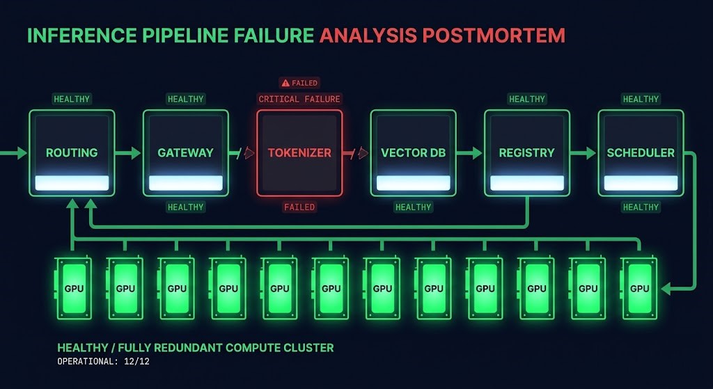 Distributed inference survivability — broken tokenizer dependency in a six-node execution chain above a fully redundant GPU compute layer