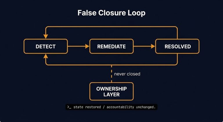configuration drift ownership — false closure loop diagram showing detection resolving alerts but not accountability