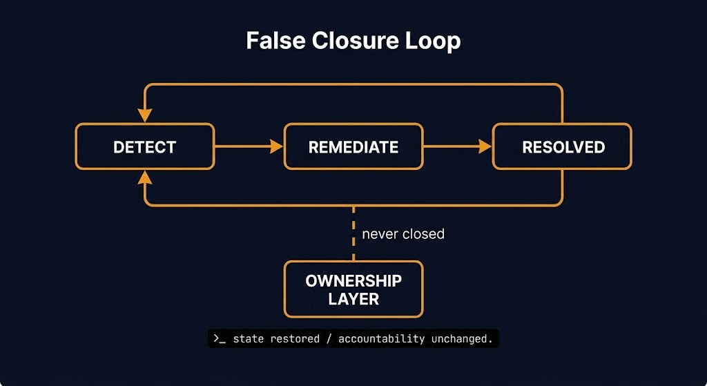 configuration drift ownership — false closure loop diagram showing detection resolving alerts but not accountability
